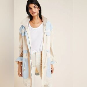 Anthropologie Oversize Catelyn Parka Coat Cream Blue Colorblocked Size XS